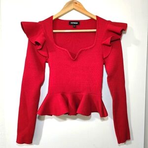 Express Red Ruffle Detailing Long Sleeve Sweater - M